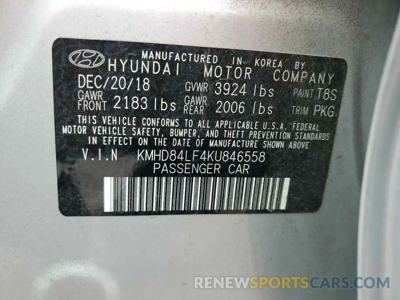 12 Photograph of a damaged car KMHD84LF4KU846558 HYUNDAI ELANTRA 2019