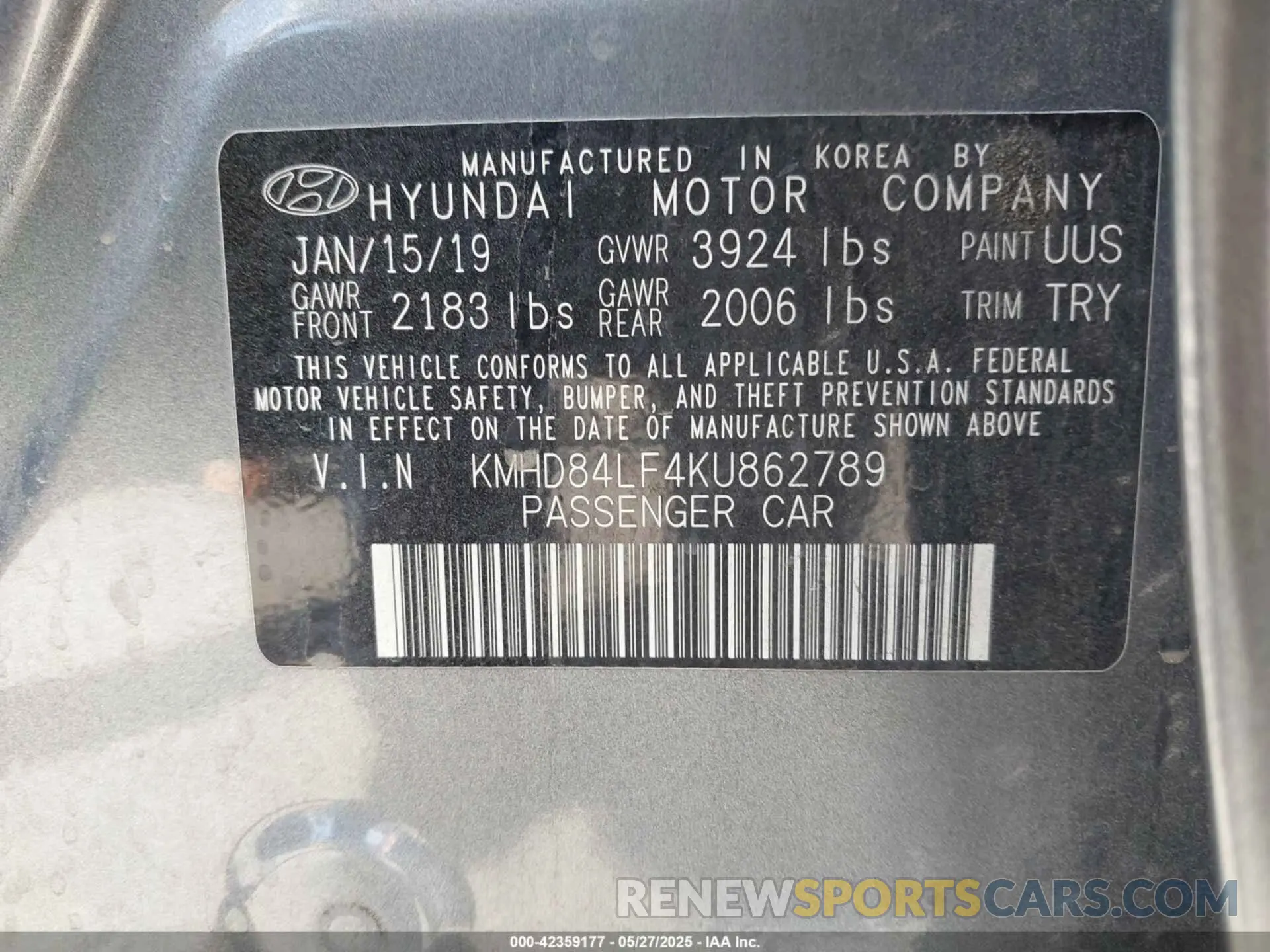 9 Photograph of a damaged car KMHD84LF4KU862789 HYUNDAI ELANTRA 2019