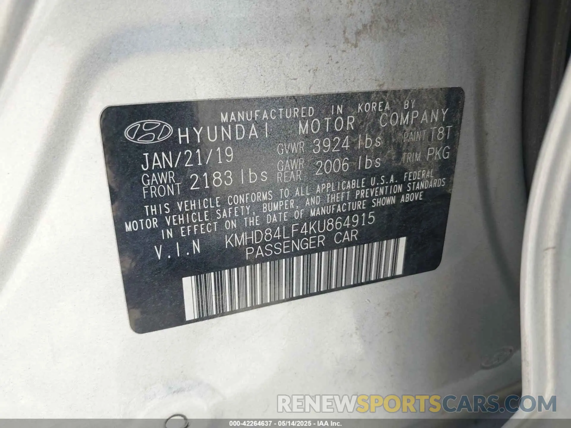 9 Photograph of a damaged car KMHD84LF4KU864915 HYUNDAI ELANTRA 2019