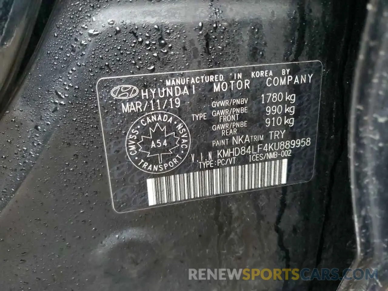 12 Photograph of a damaged car KMHD84LF4KU889958 HYUNDAI ELANTRA 2019