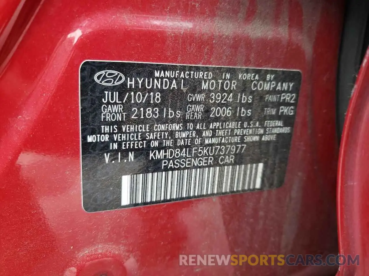 12 Photograph of a damaged car KMHD84LF5KU737977 HYUNDAI ELANTRA 2019