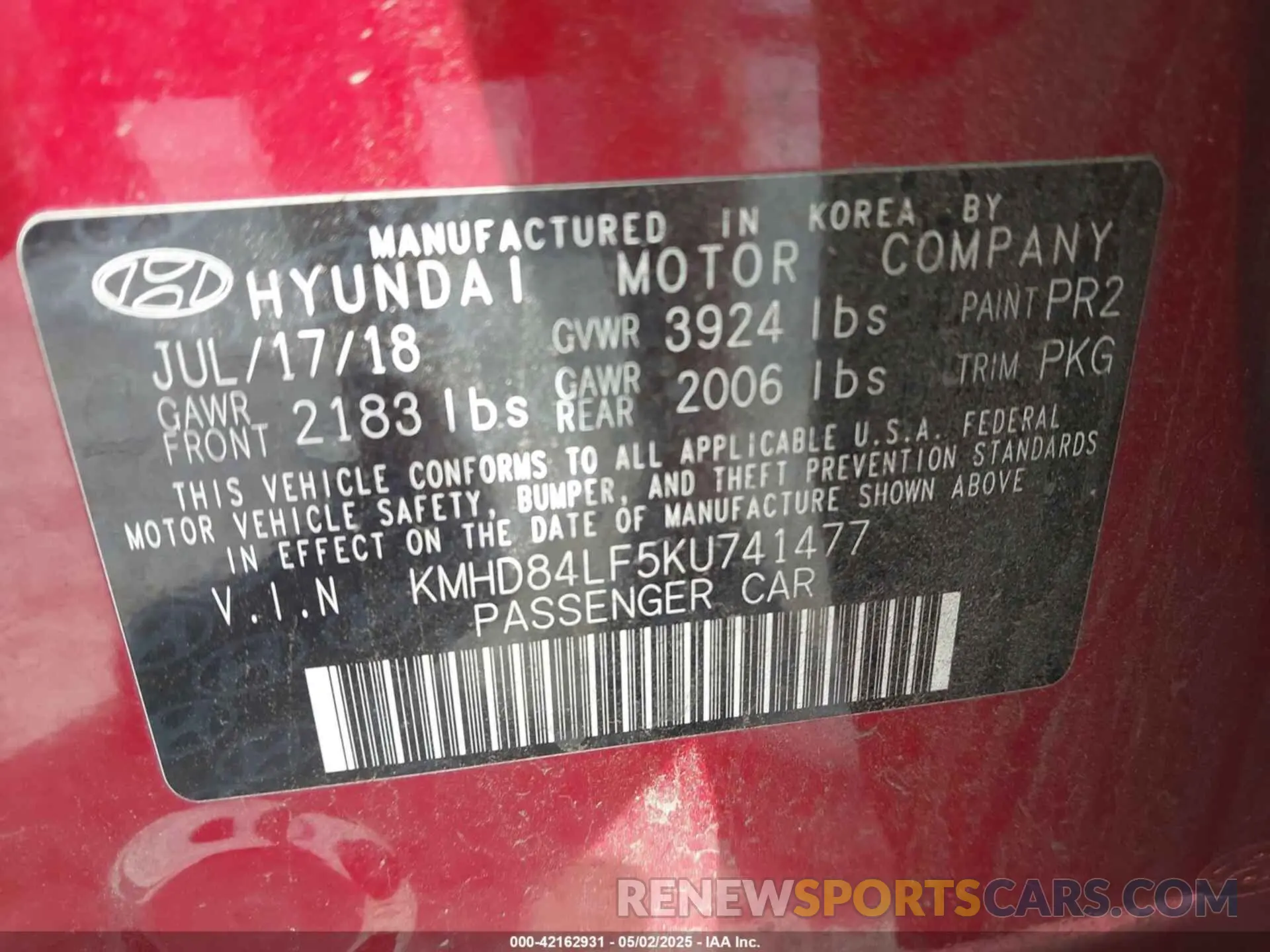 9 Photograph of a damaged car KMHD84LF5KU741477 HYUNDAI ELANTRA 2019