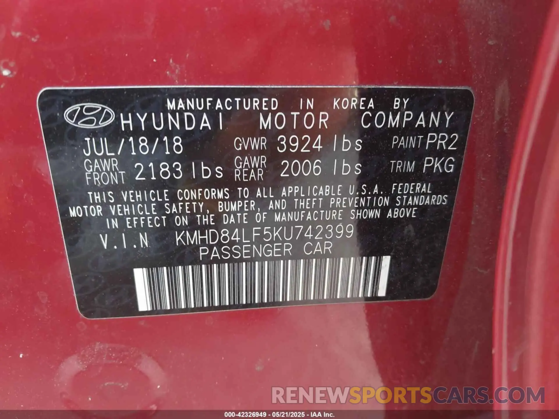9 Photograph of a damaged car KMHD84LF5KU742399 HYUNDAI ELANTRA 2019