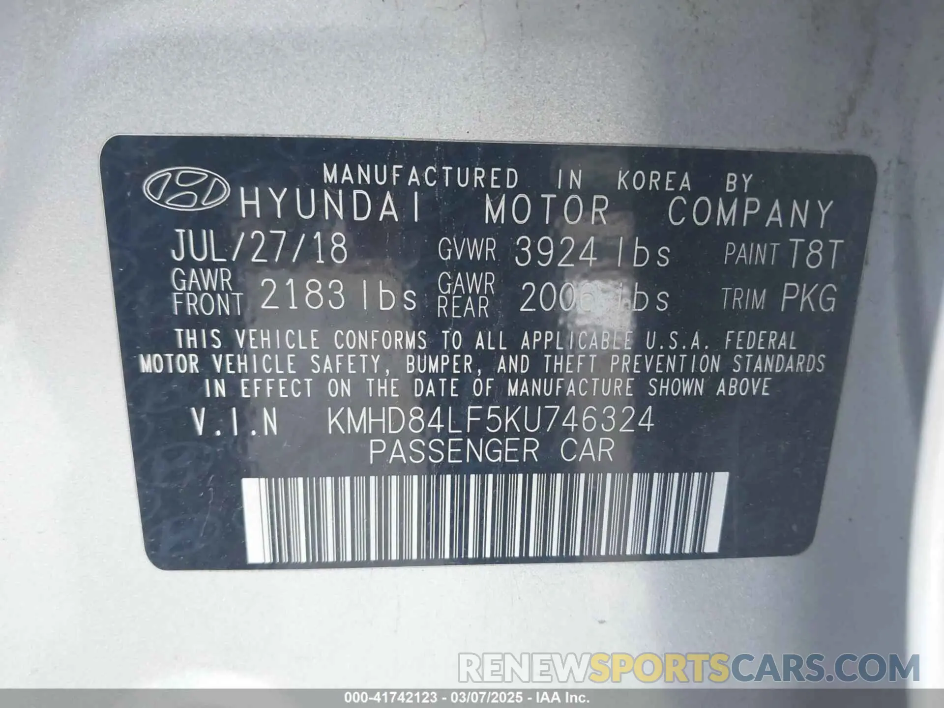 9 Photograph of a damaged car KMHD84LF5KU746324 HYUNDAI ELANTRA 2019