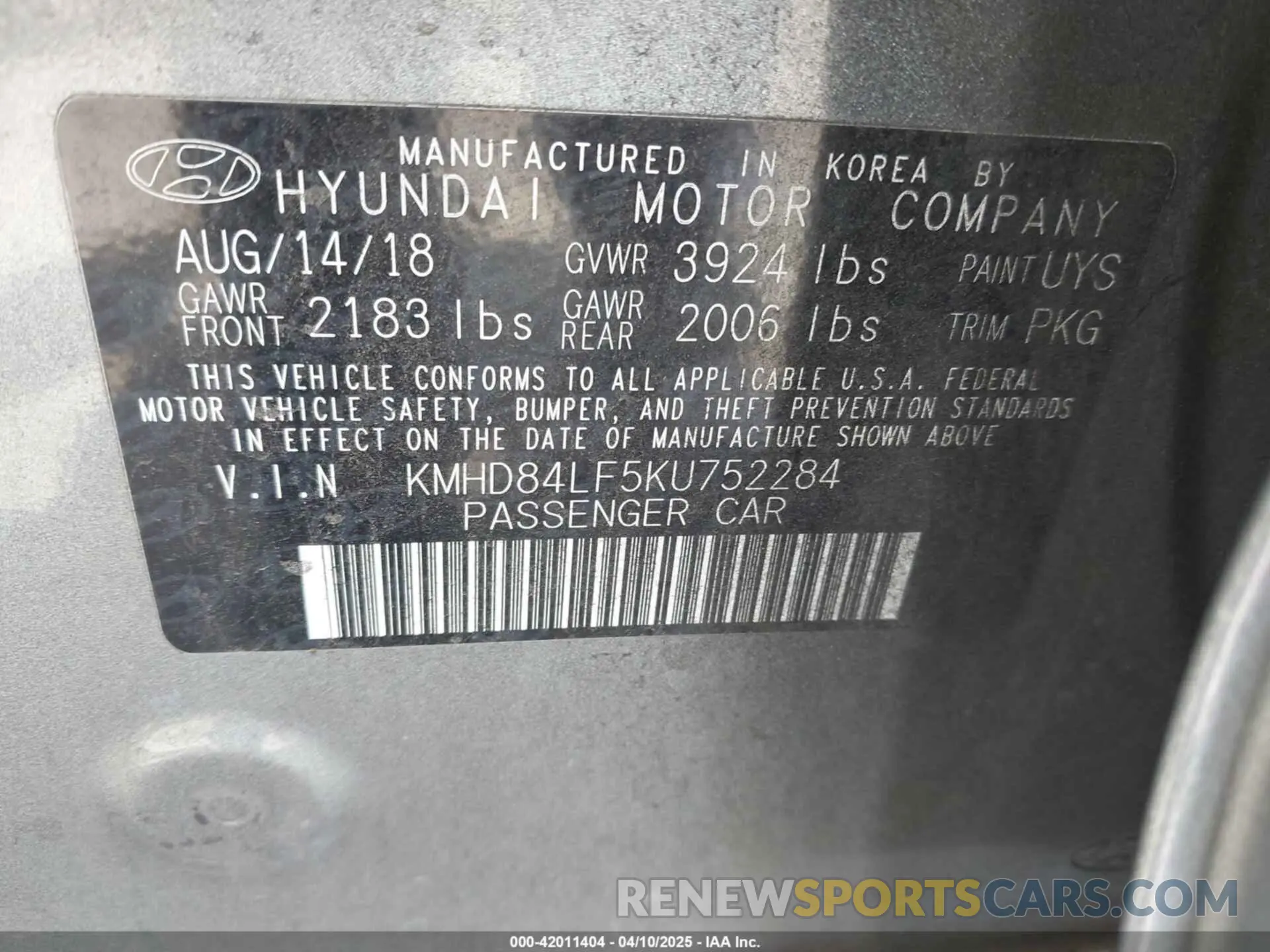 9 Photograph of a damaged car KMHD84LF5KU752284 HYUNDAI ELANTRA 2019