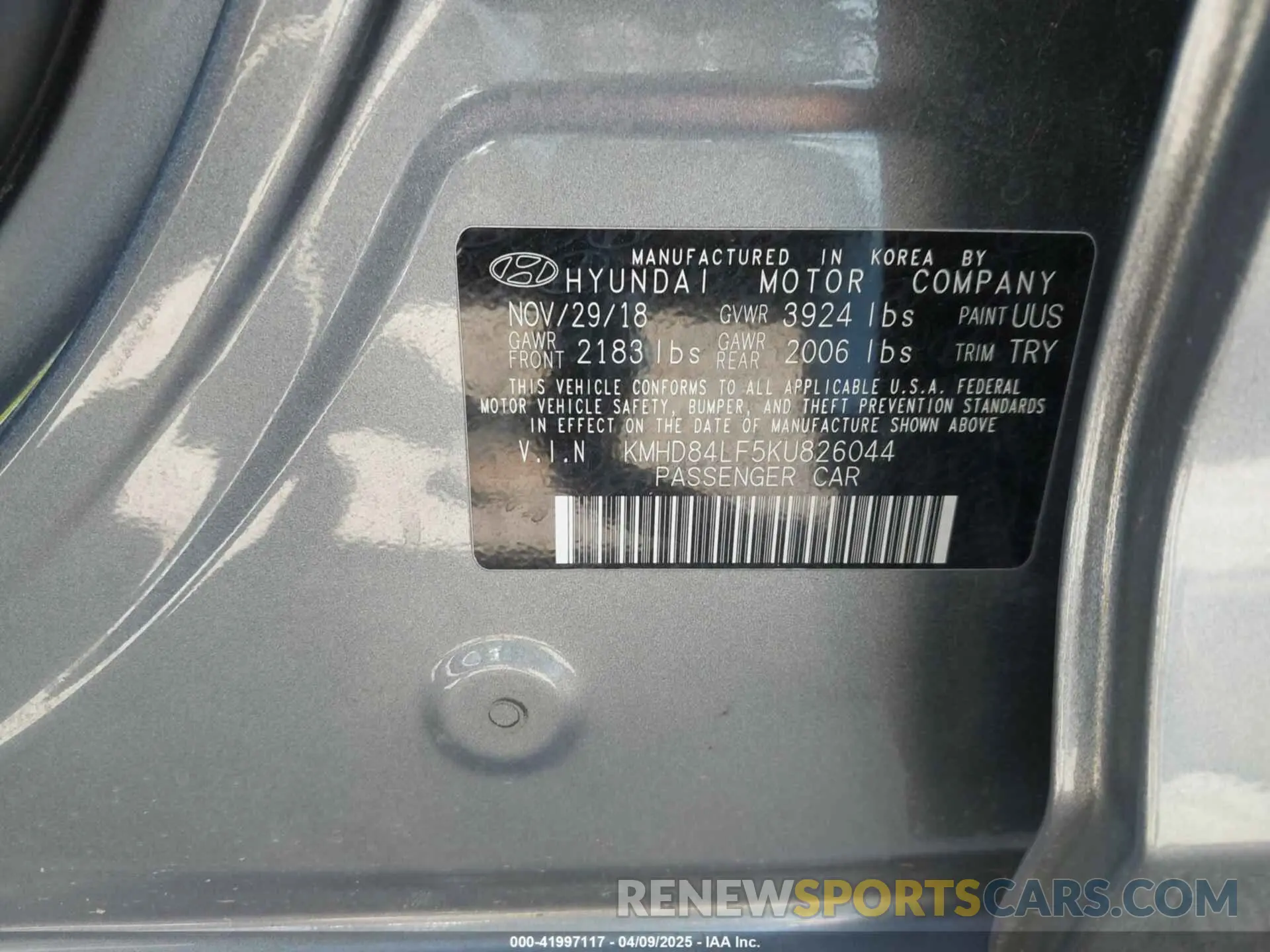 9 Photograph of a damaged car KMHD84LF5KU826044 HYUNDAI ELANTRA 2019