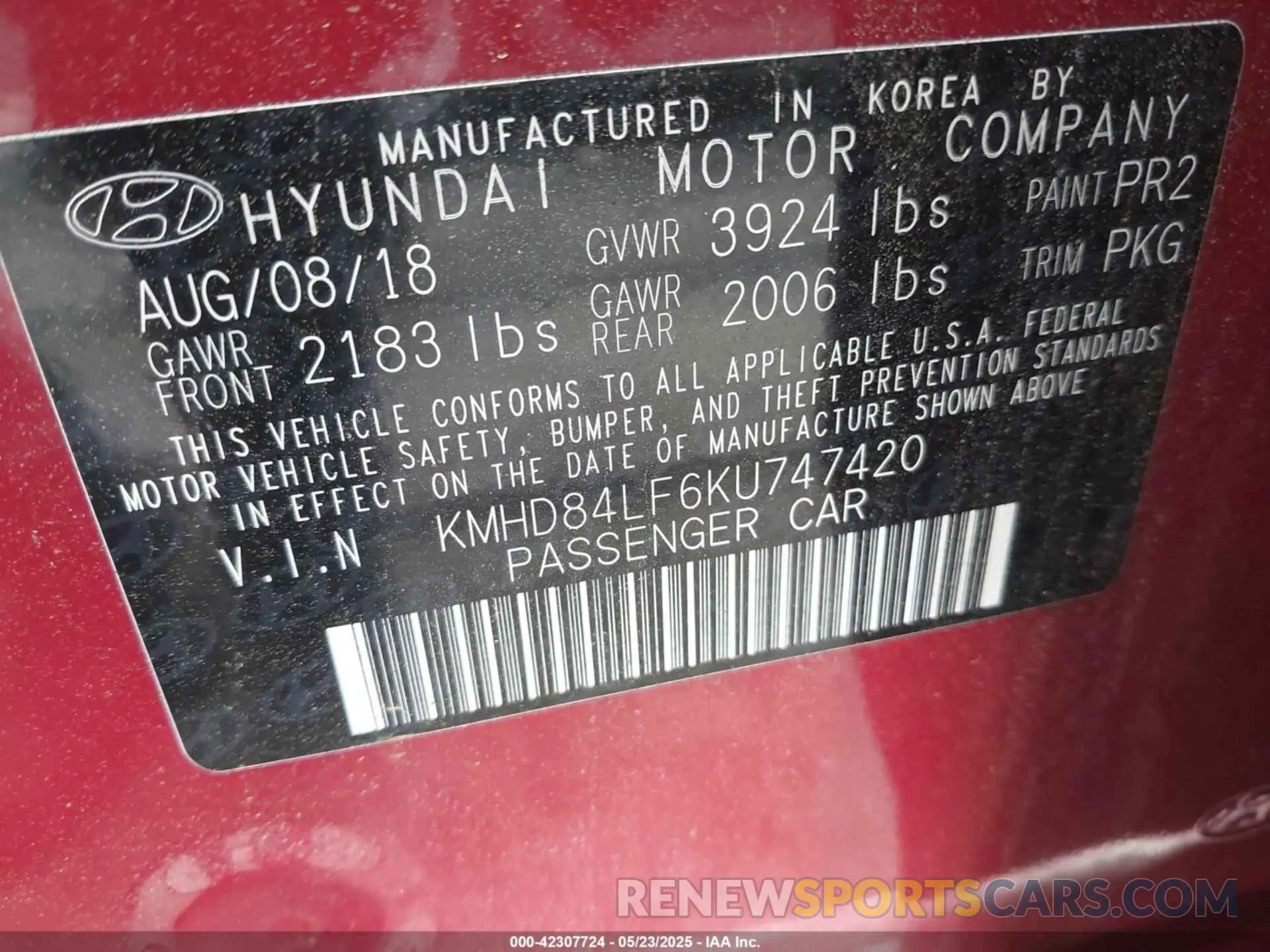 9 Photograph of a damaged car KMHD84LF6KU747420 HYUNDAI ELANTRA 2019