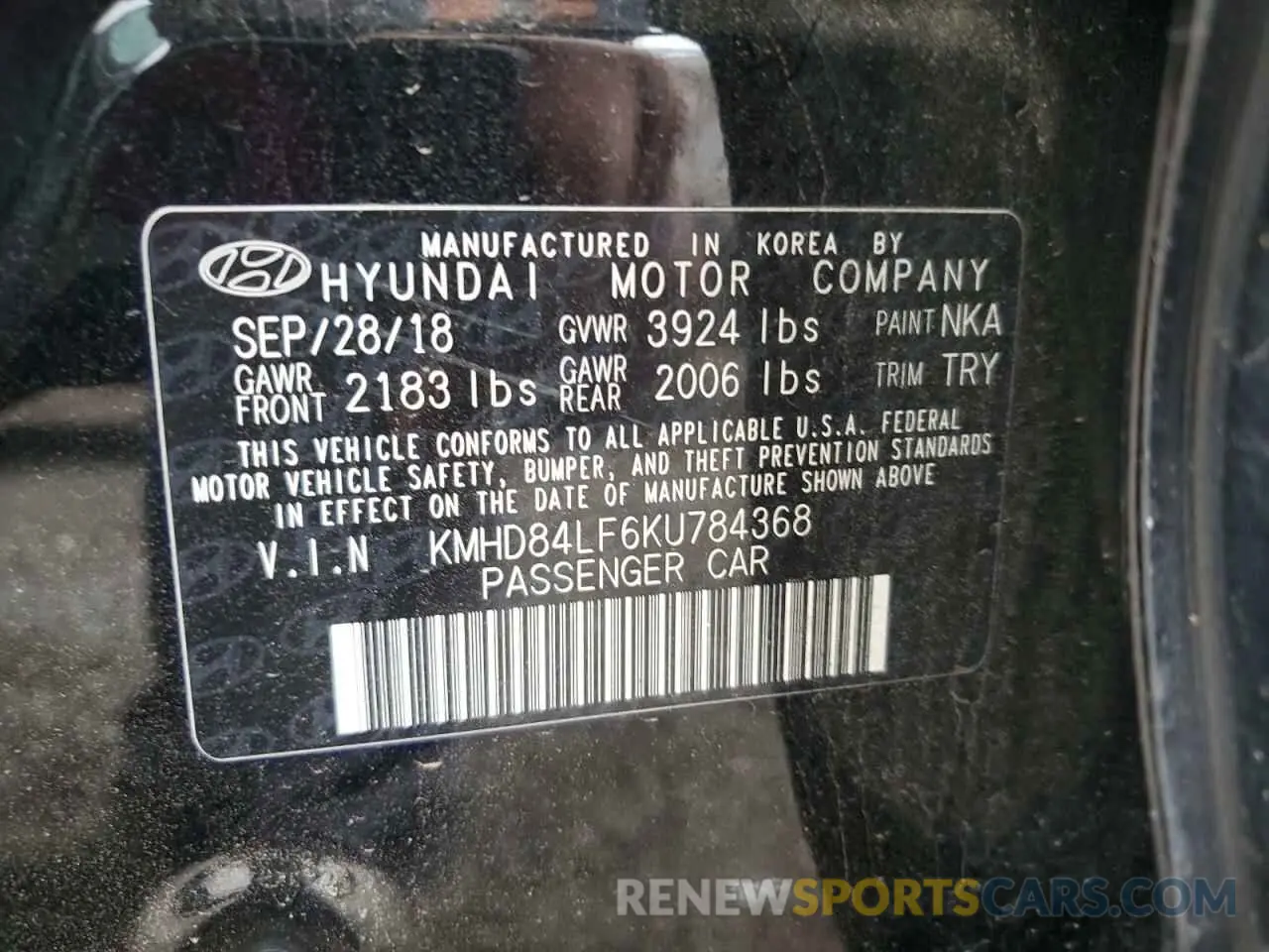 12 Photograph of a damaged car KMHD84LF6KU784368 HYUNDAI ELANTRA 2019