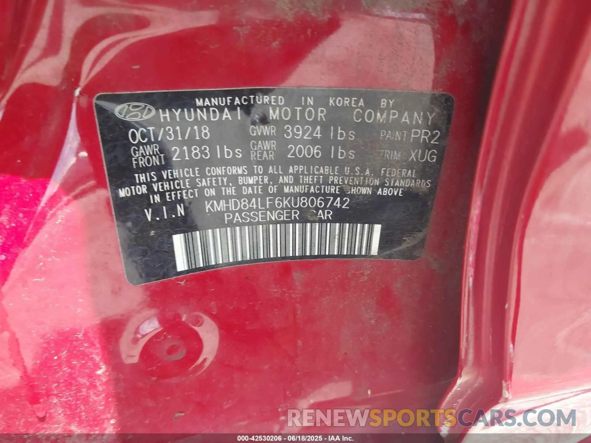 9 Photograph of a damaged car KMHD84LF6KU806742 HYUNDAI ELANTRA 2019