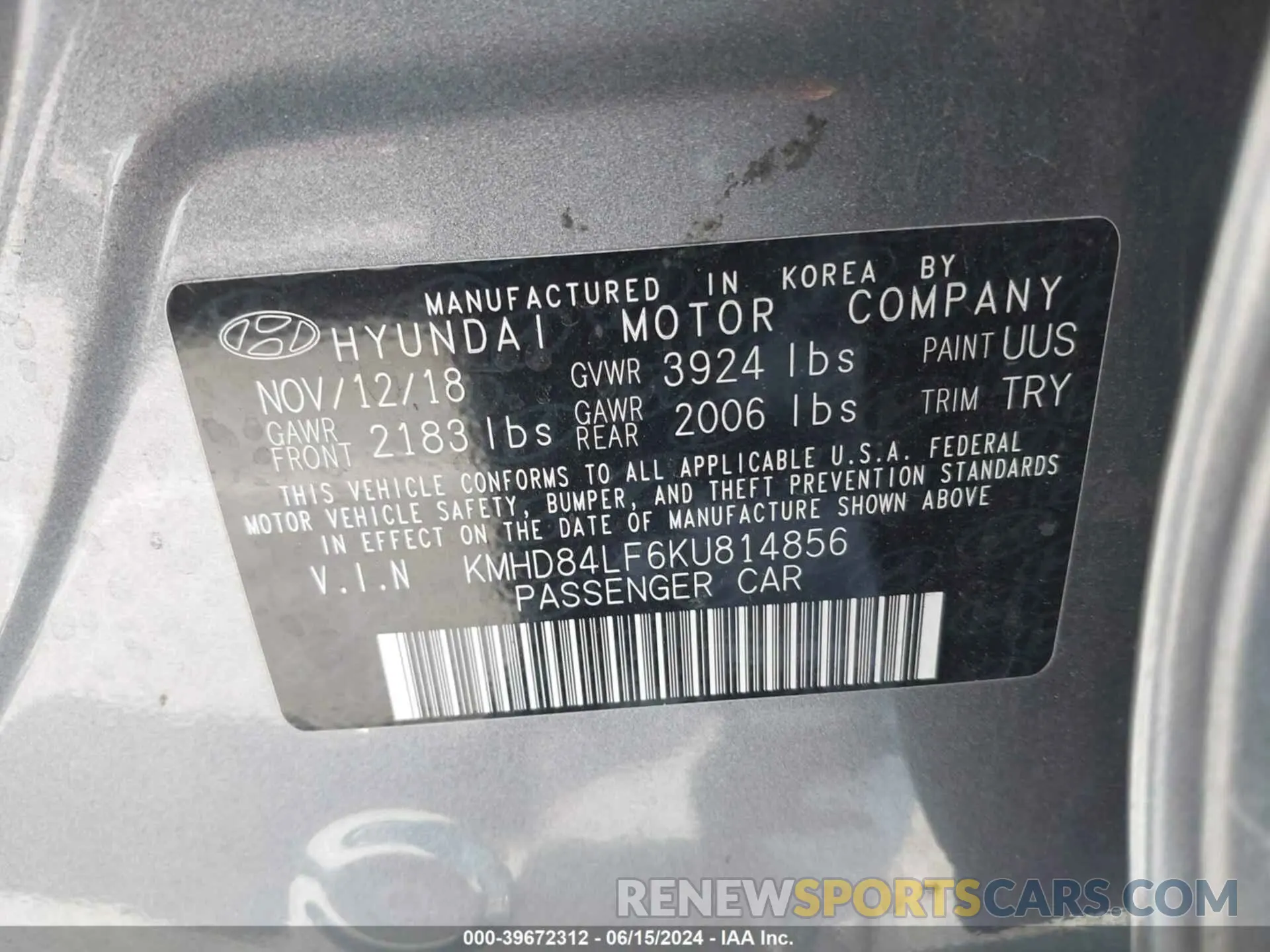 9 Photograph of a damaged car KMHD84LF6KU814856 HYUNDAI ELANTRA 2019