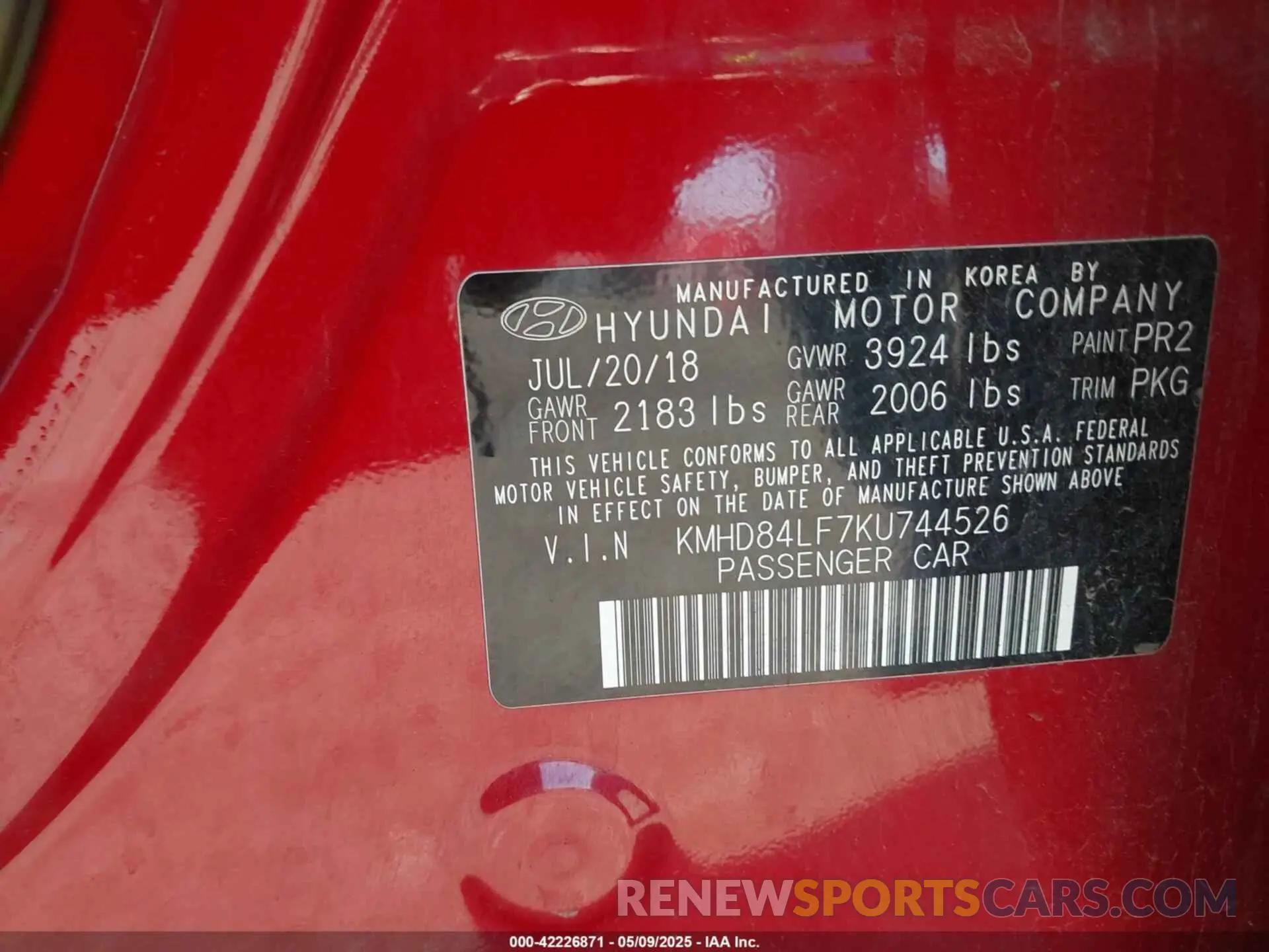 9 Photograph of a damaged car KMHD84LF7KU744526 HYUNDAI ELANTRA 2019
