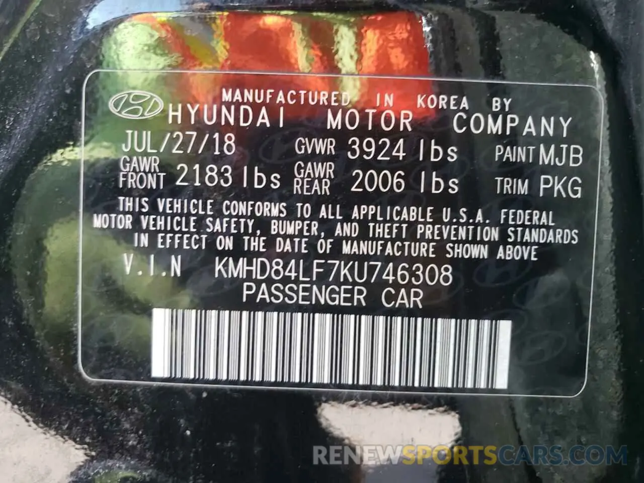 12 Photograph of a damaged car KMHD84LF7KU746308 HYUNDAI ELANTRA 2019