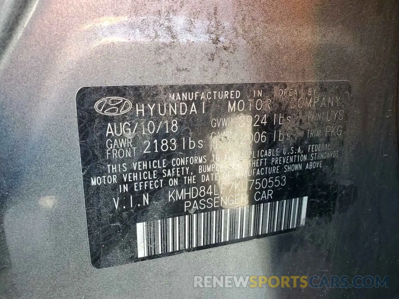 12 Photograph of a damaged car KMHD84LF7KU750553 HYUNDAI ELANTRA 2019