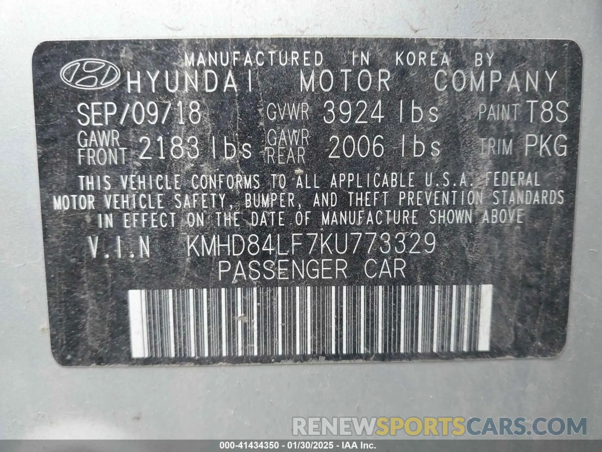 9 Photograph of a damaged car KMHD84LF7KU773329 HYUNDAI ELANTRA 2019