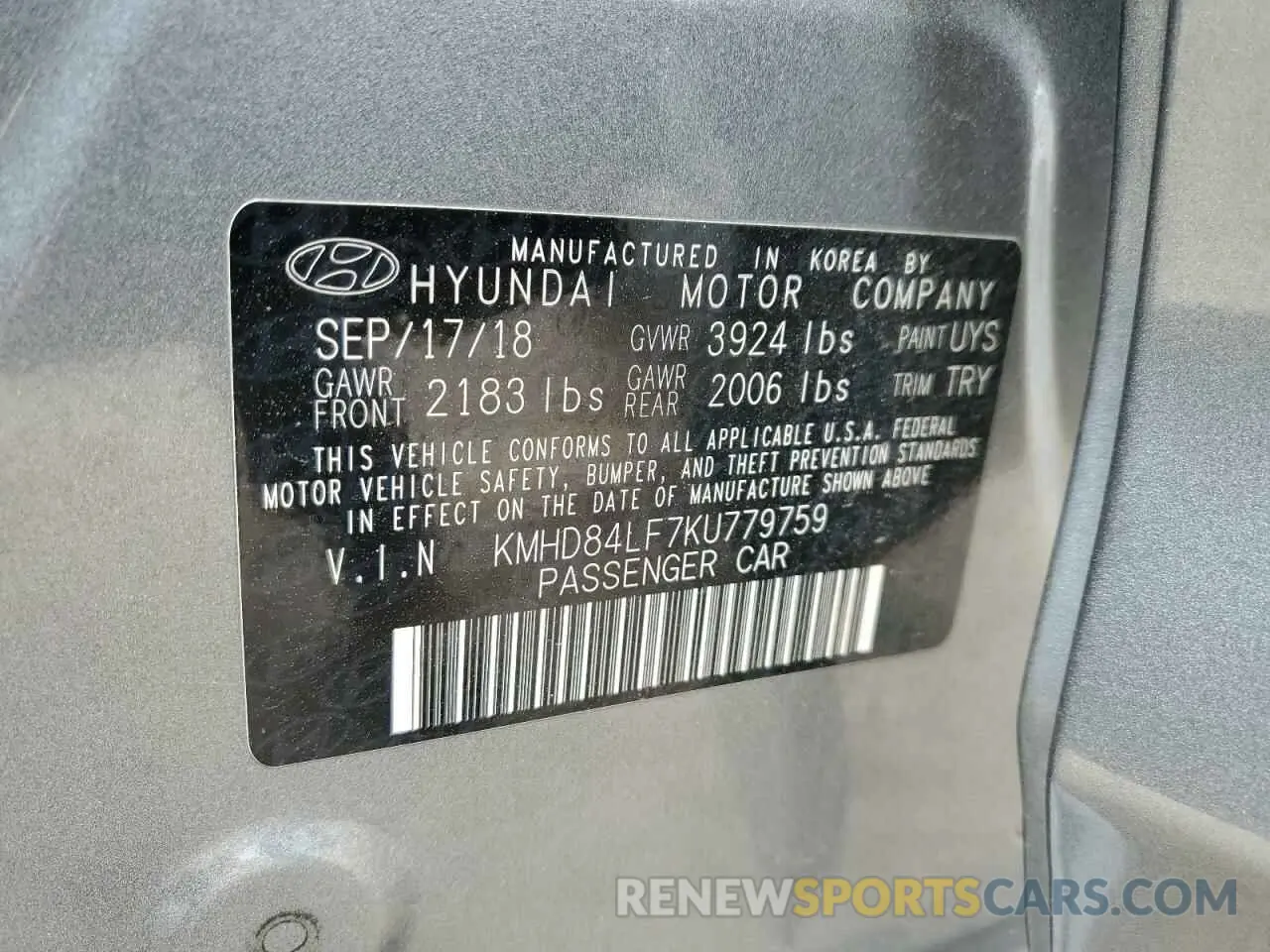 12 Photograph of a damaged car KMHD84LF7KU779759 HYUNDAI ELANTRA 2019