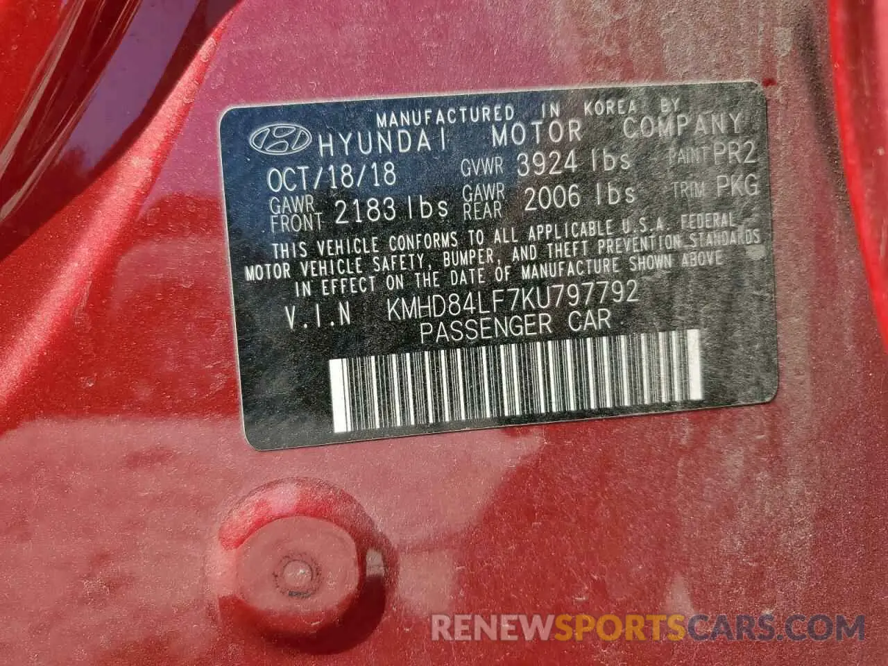 12 Photograph of a damaged car KMHD84LF7KU797792 HYUNDAI ELANTRA 2019