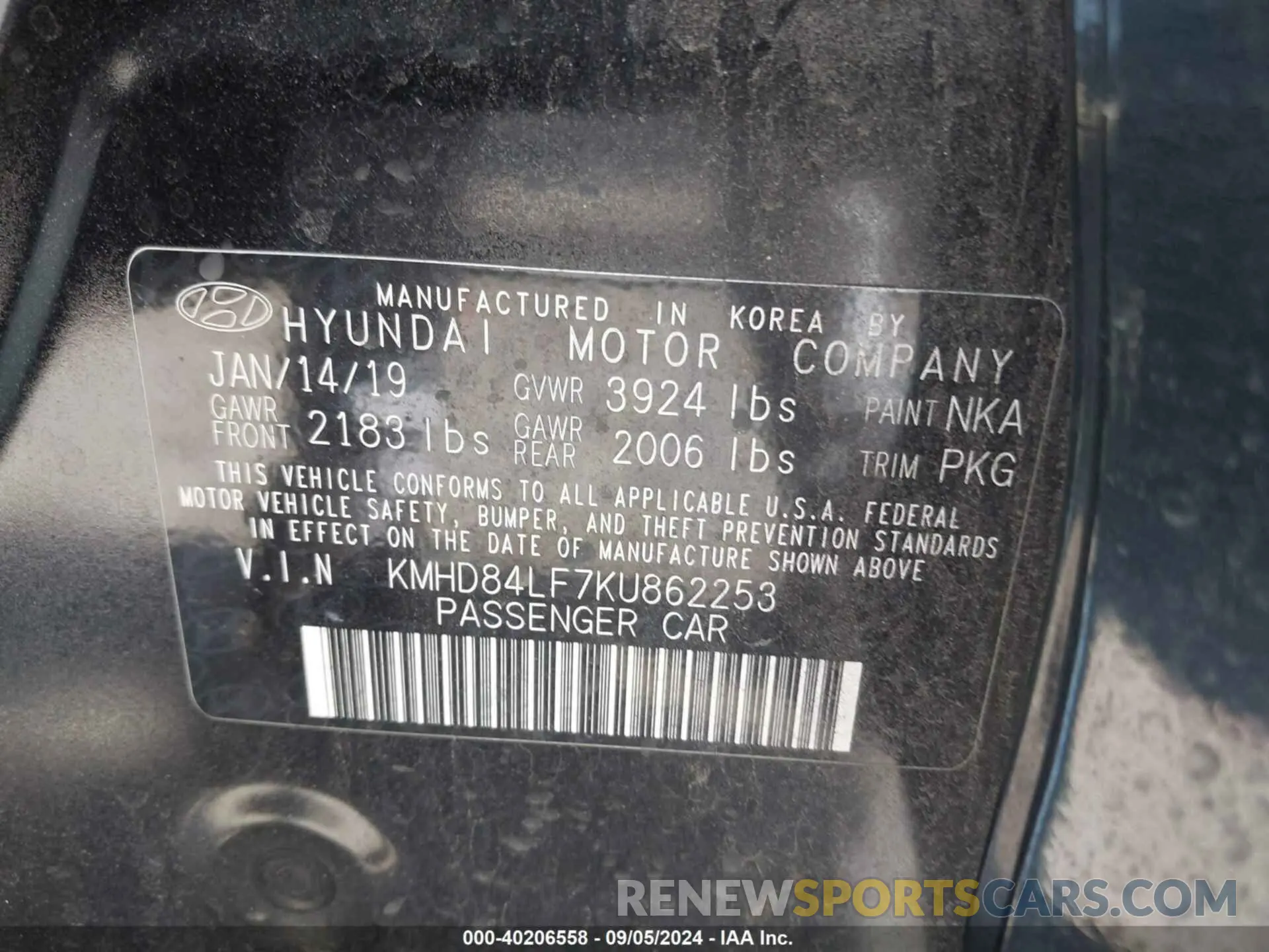 9 Photograph of a damaged car KMHD84LF7KU862253 HYUNDAI ELANTRA 2019