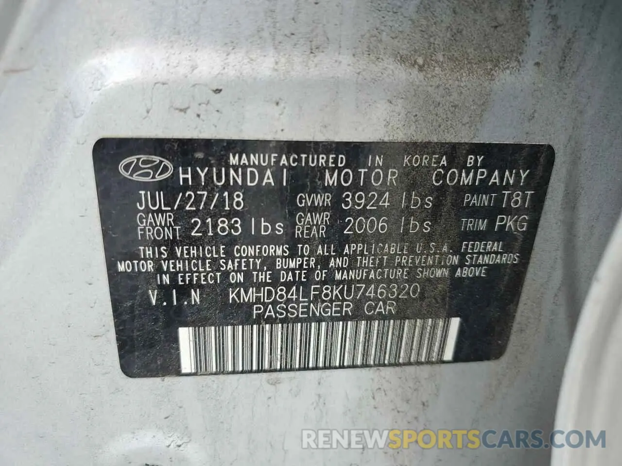 12 Photograph of a damaged car KMHD84LF8KU746320 HYUNDAI ELANTRA 2019