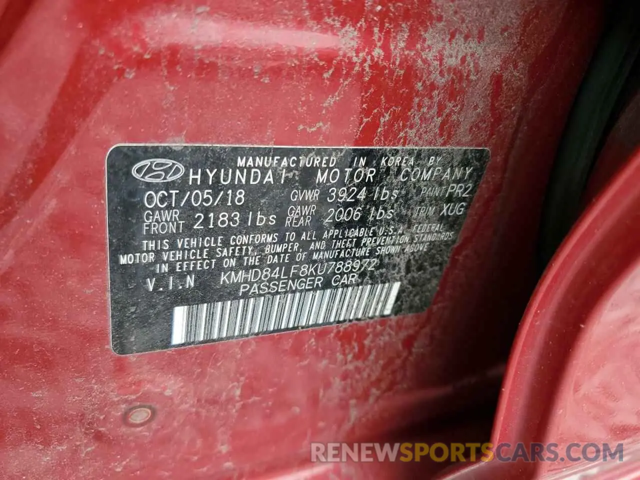 13 Photograph of a damaged car KMHD84LF8KU788972 HYUNDAI ELANTRA 2019