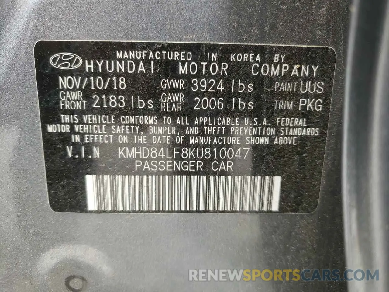 12 Photograph of a damaged car KMHD84LF8KU810047 HYUNDAI ELANTRA 2019