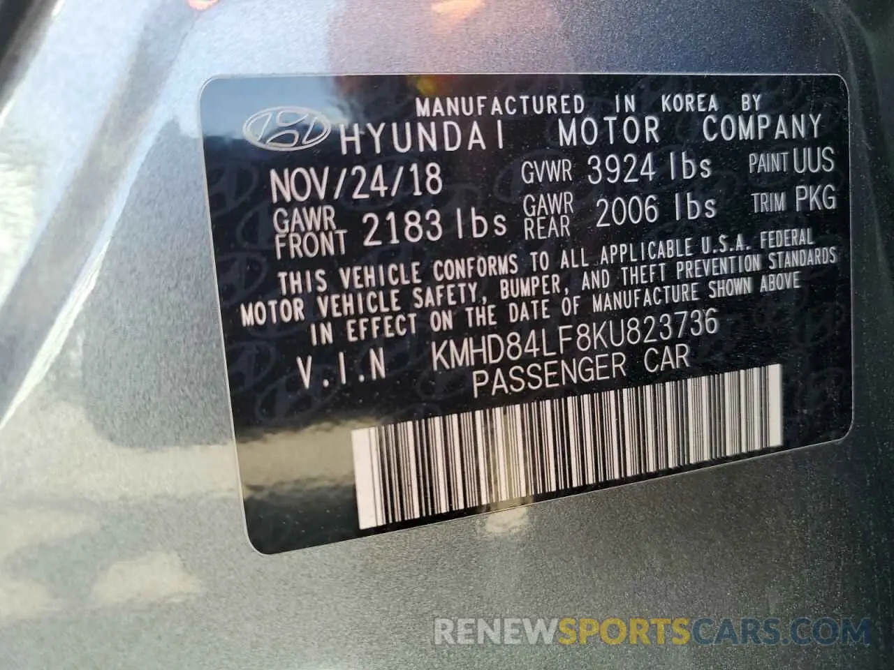 12 Photograph of a damaged car KMHD84LF8KU823736 HYUNDAI ELANTRA 2019