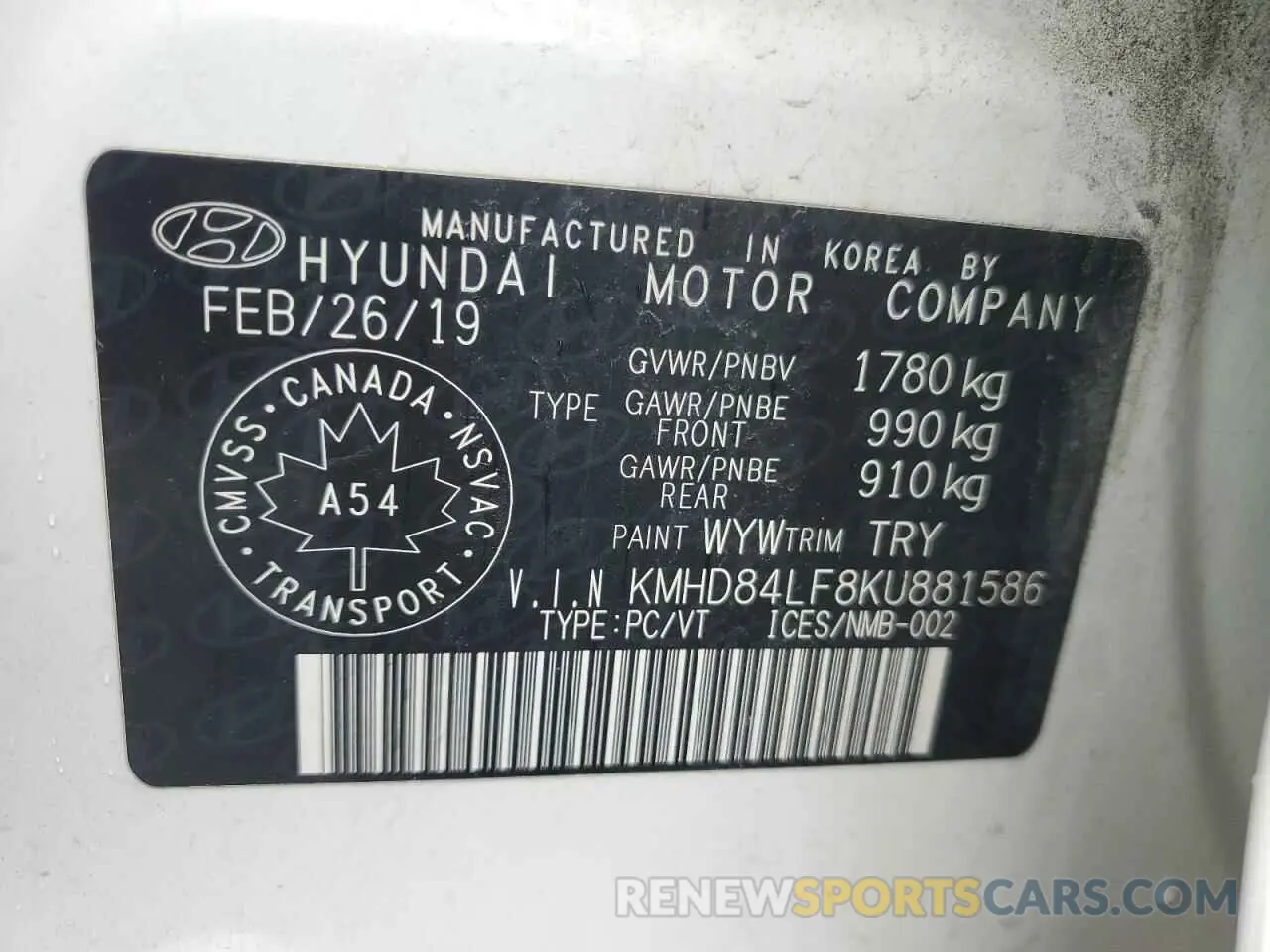 13 Photograph of a damaged car KMHD84LF8KU881586 HYUNDAI ELANTRA 2019