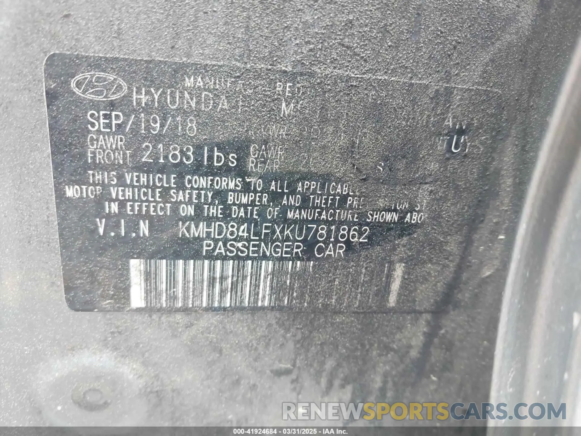 9 Photograph of a damaged car KMHD84LFXKU781862 HYUNDAI ELANTRA 2019
