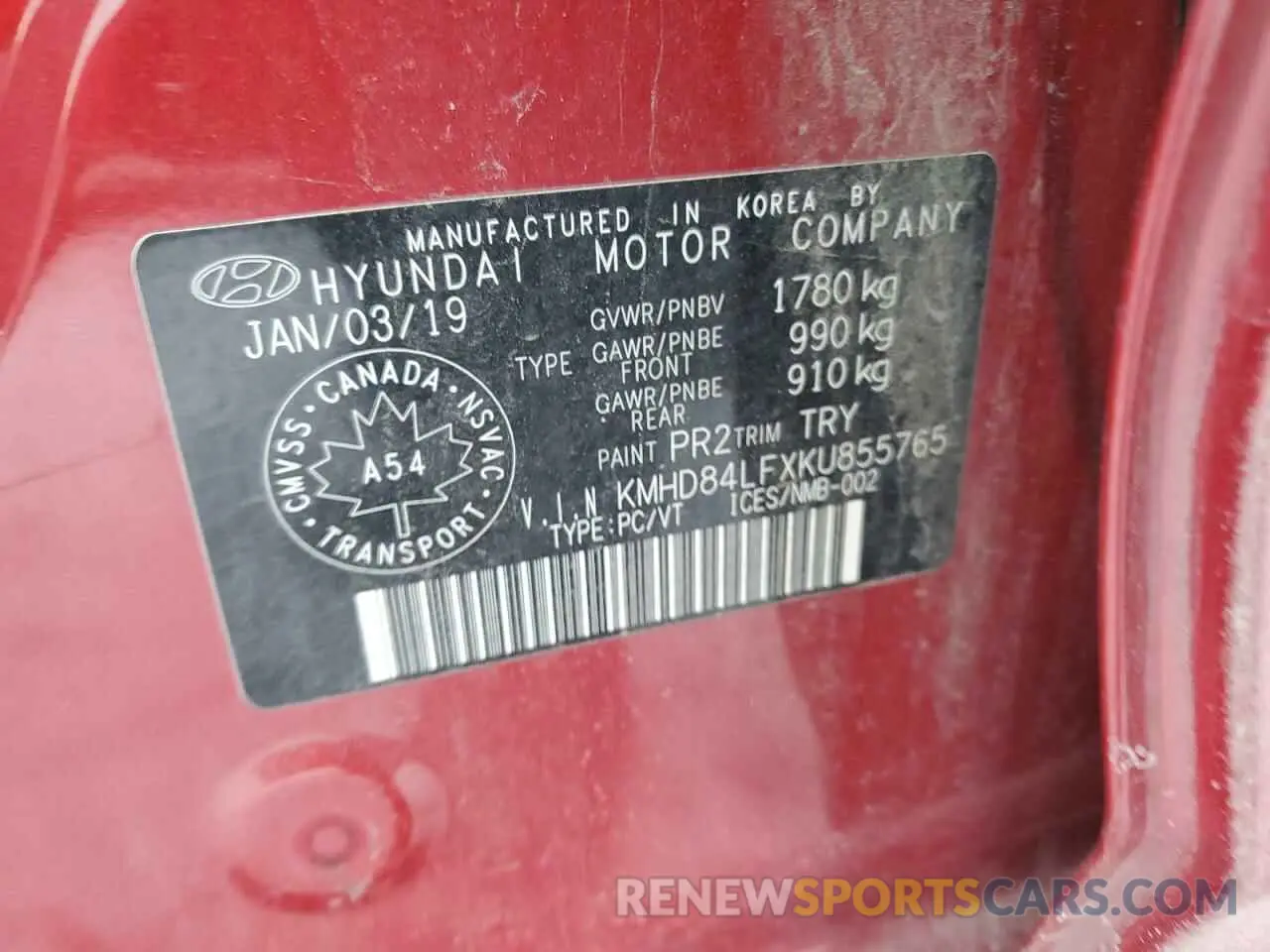 13 Photograph of a damaged car KMHD84LFXKU855765 HYUNDAI ELANTRA 2019