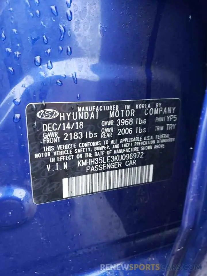 12 Photograph of a damaged car KMHH35LE3KU096972 HYUNDAI ELANTRA 2019