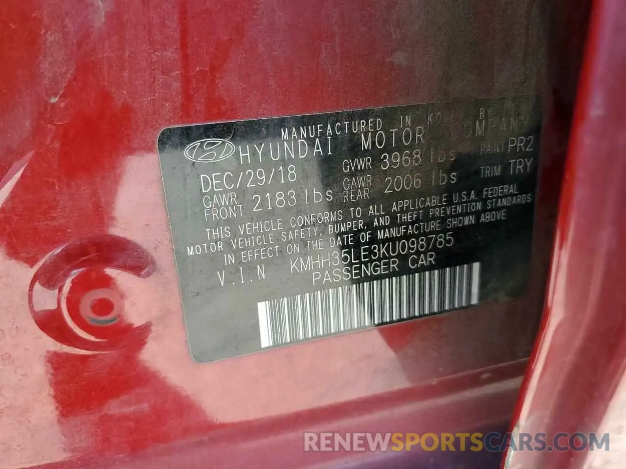 12 Photograph of a damaged car KMHH35LE3KU098785 HYUNDAI ELANTRA 2019