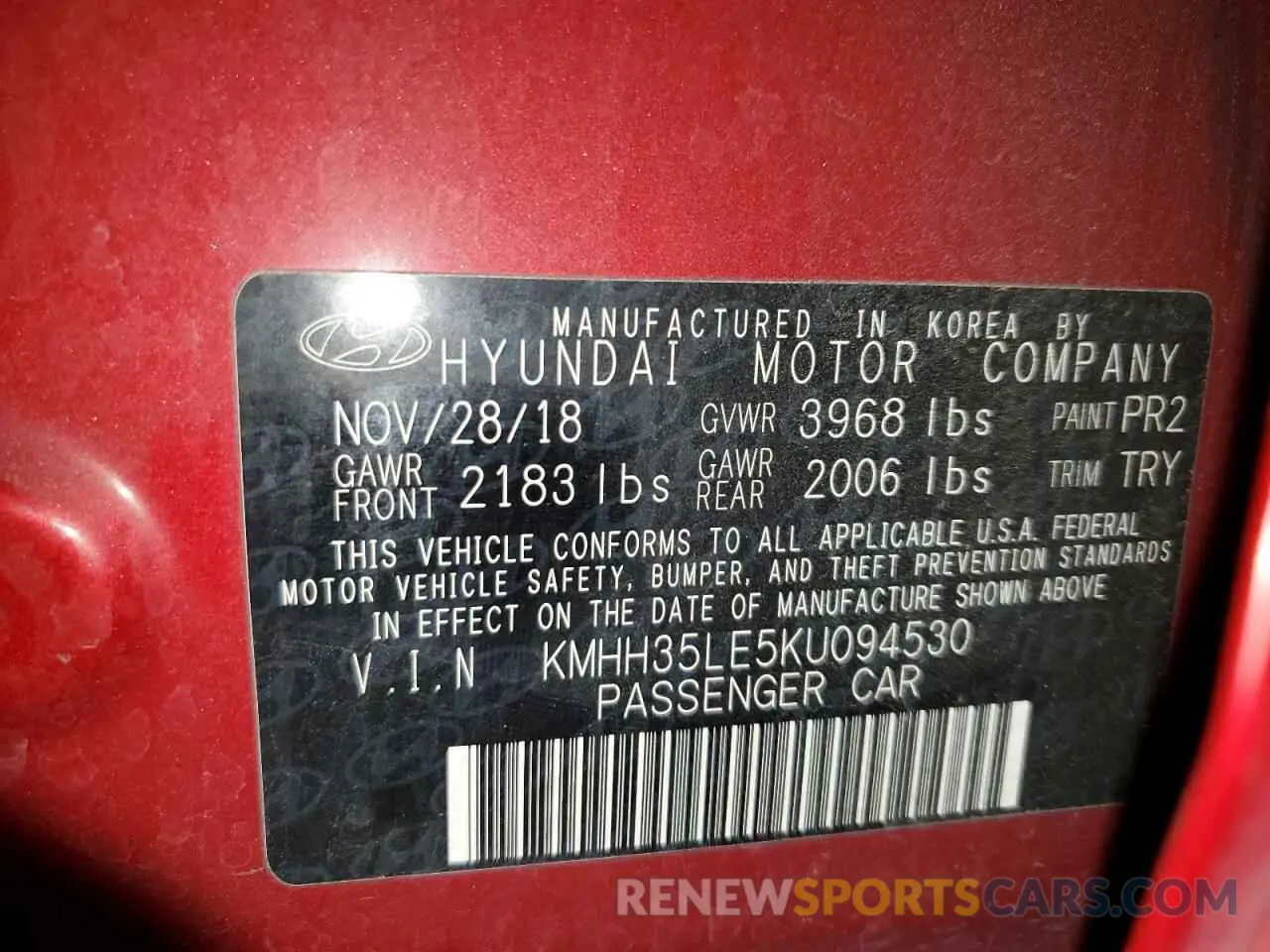 13 Photograph of a damaged car KMHH35LE5KU094530 HYUNDAI ELANTRA 2019