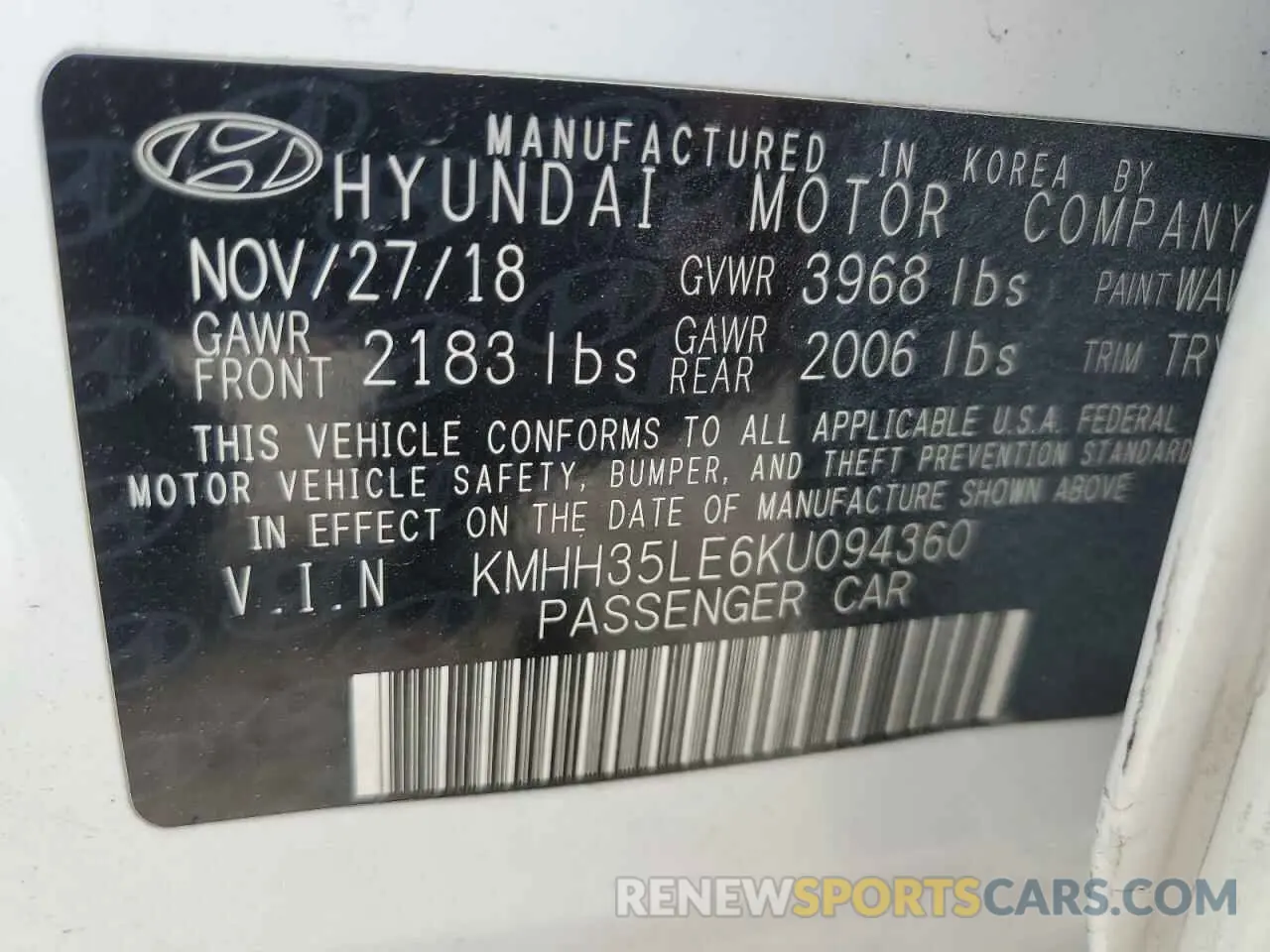 12 Photograph of a damaged car KMHH35LE6KU094360 HYUNDAI ELANTRA 2019