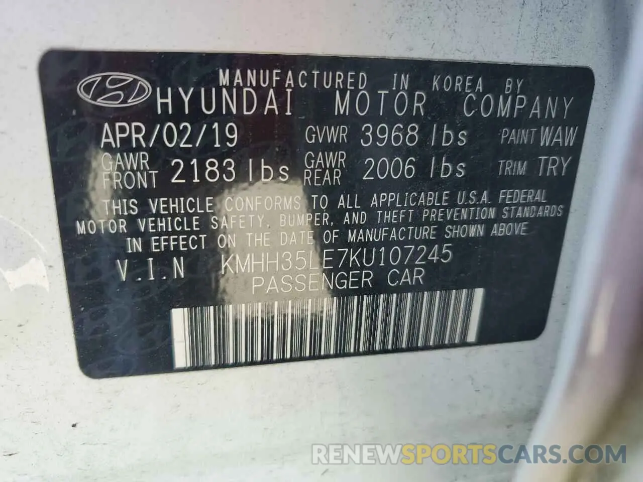 13 Photograph of a damaged car KMHH35LE7KU107245 HYUNDAI ELANTRA 2019
