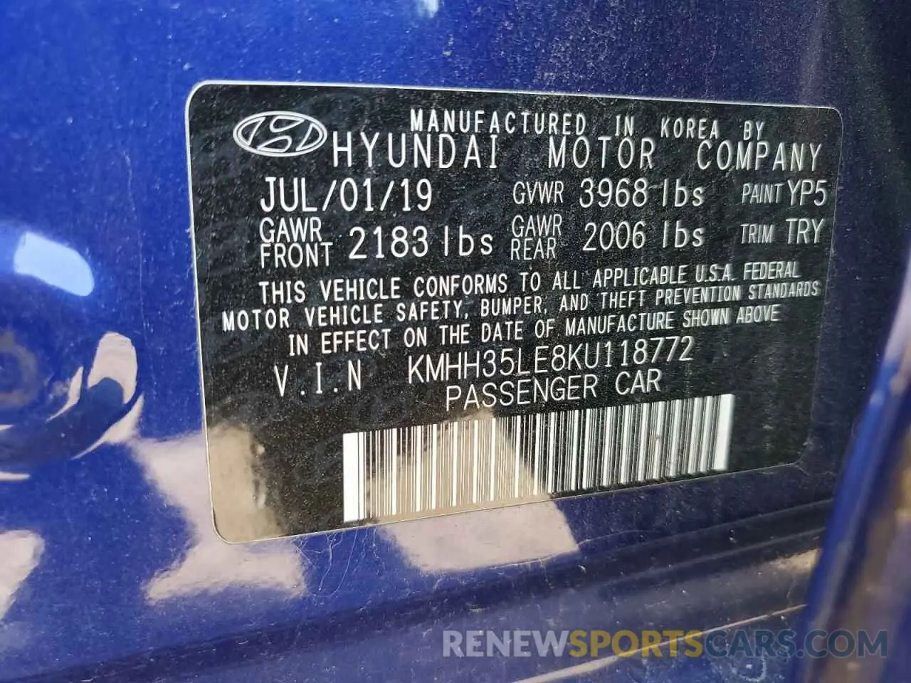 15 Photograph of a damaged car KMHH35LE8KU118772 HYUNDAI ELANTRA 2019