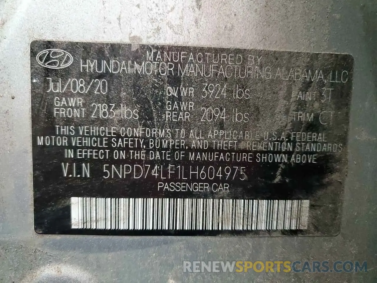 12 Photograph of a damaged car 5NPD74LF1LH604975 HYUNDAI ELANTRA 2020