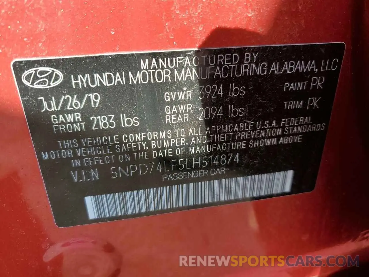 12 Photograph of a damaged car 5NPD74LF5LH514874 HYUNDAI ELANTRA 2020