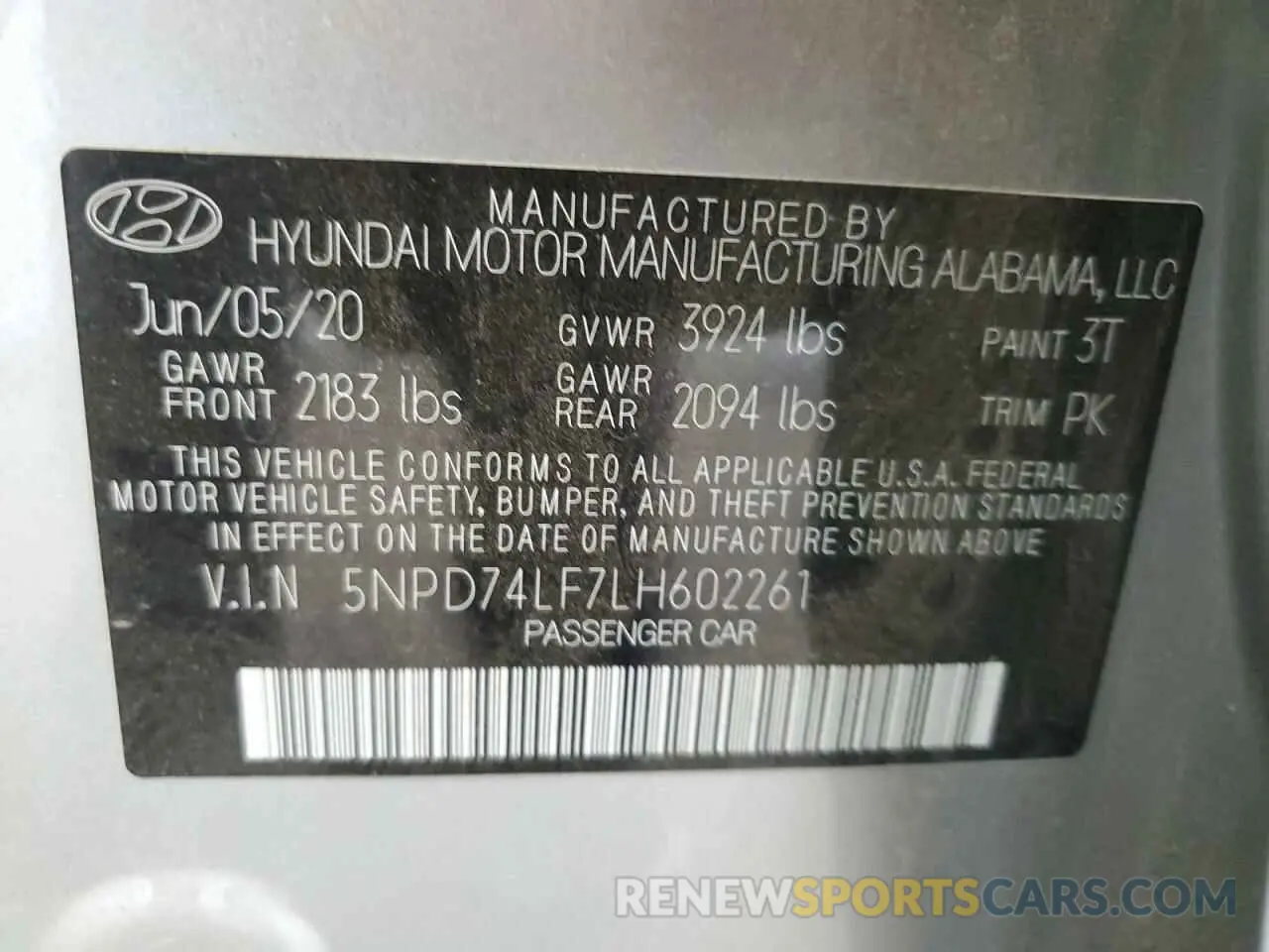 12 Photograph of a damaged car 5NPD74LF7LH602261 HYUNDAI ELANTRA 2020