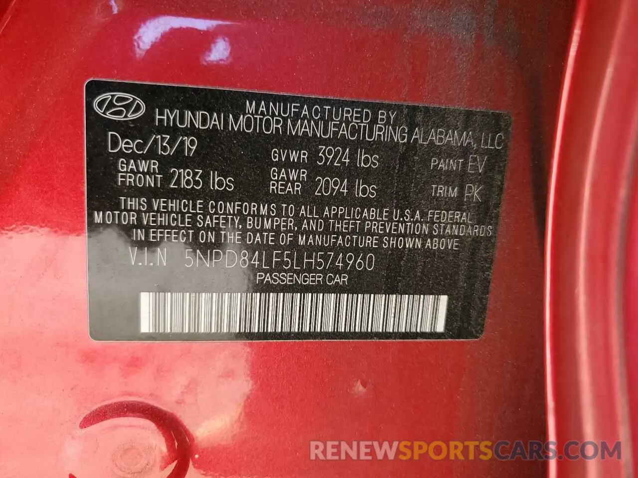 13 Photograph of a damaged car 5NPD84LF5LH574960 HYUNDAI ELANTRA 2020