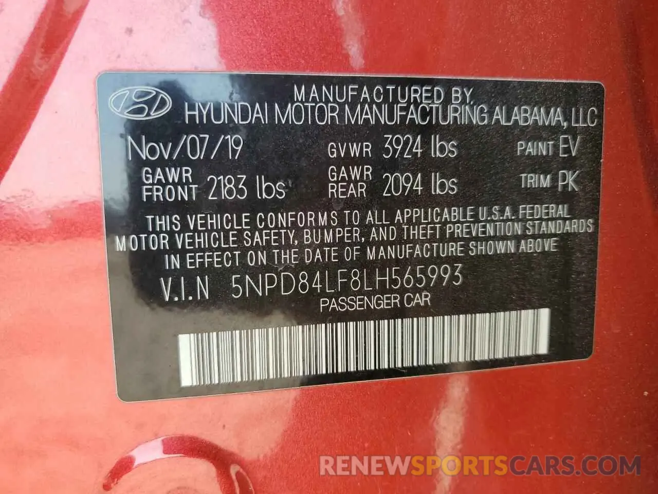 13 Photograph of a damaged car 5NPD84LF8LH565993 HYUNDAI ELANTRA 2020
