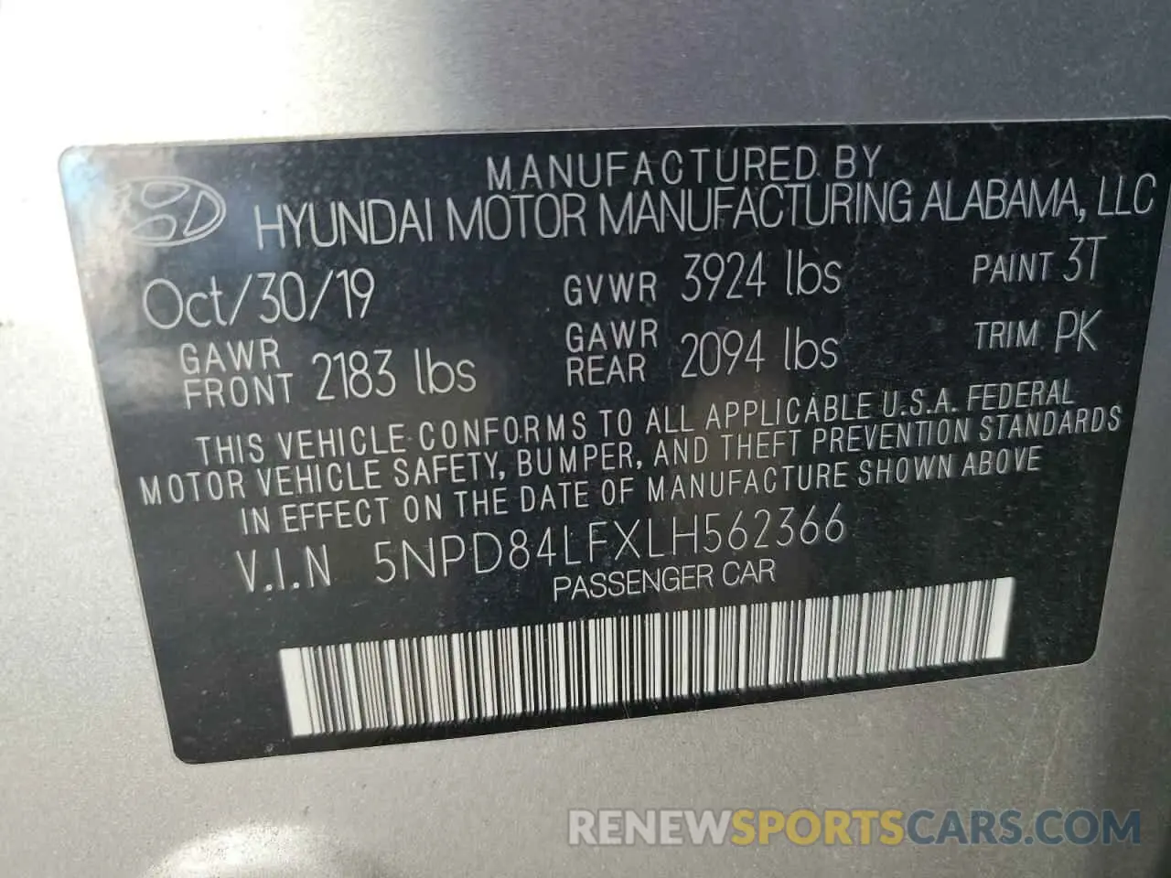 12 Photograph of a damaged car 5NPD84LFXLH562366 HYUNDAI ELANTRA 2020