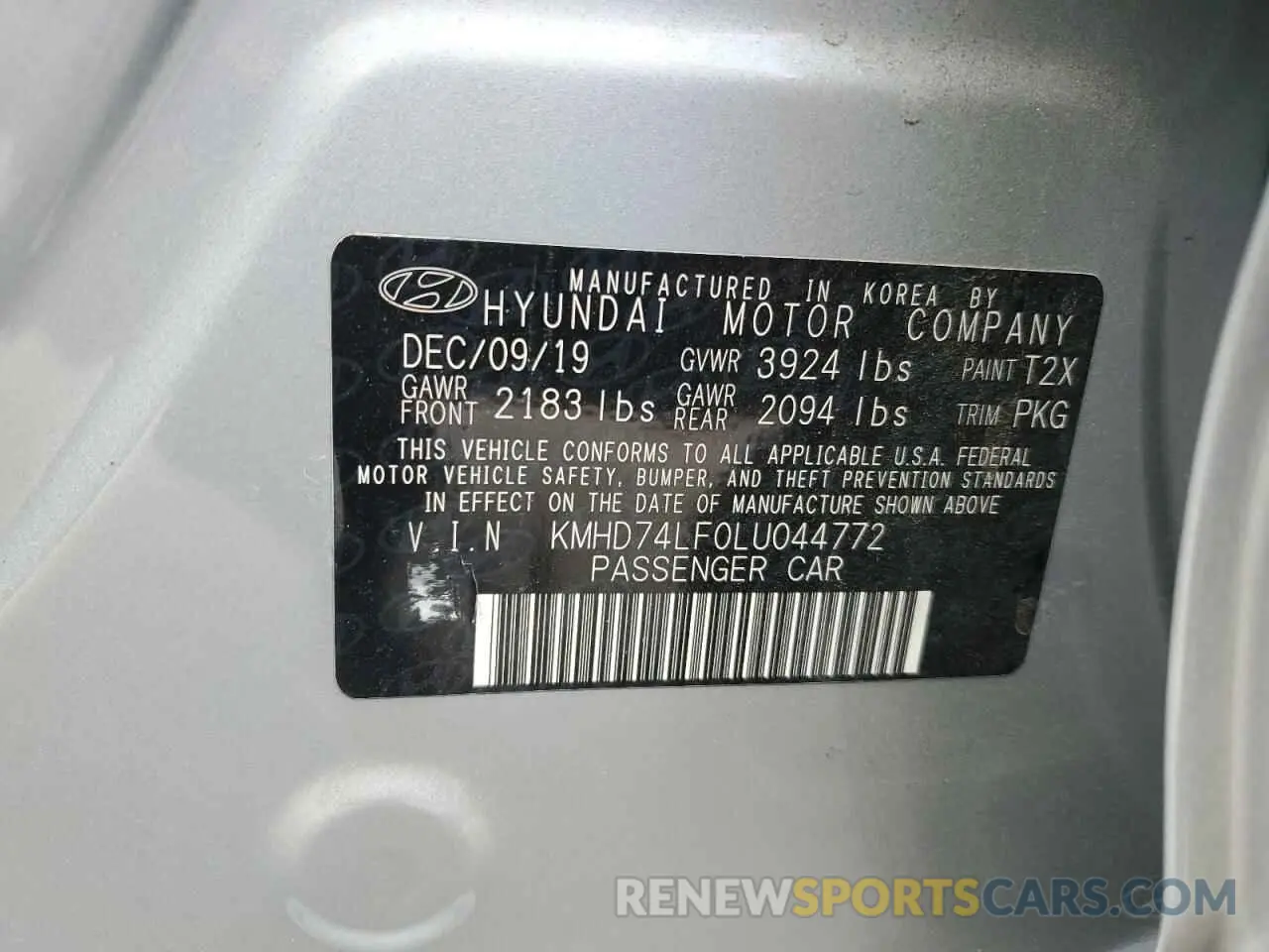 12 Photograph of a damaged car KMHD74LF0LU044772 HYUNDAI ELANTRA 2020