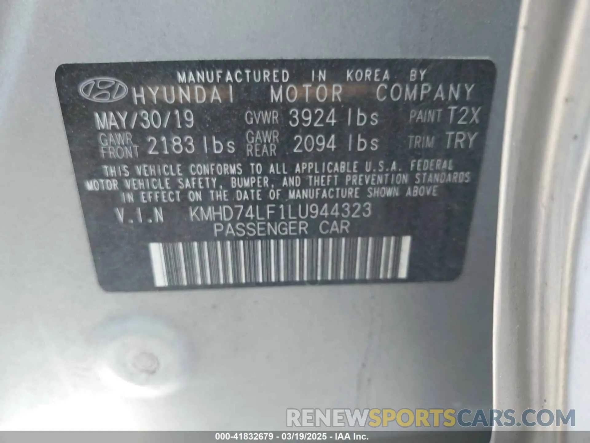 9 Photograph of a damaged car KMHD74LF1LU944323 HYUNDAI ELANTRA 2020