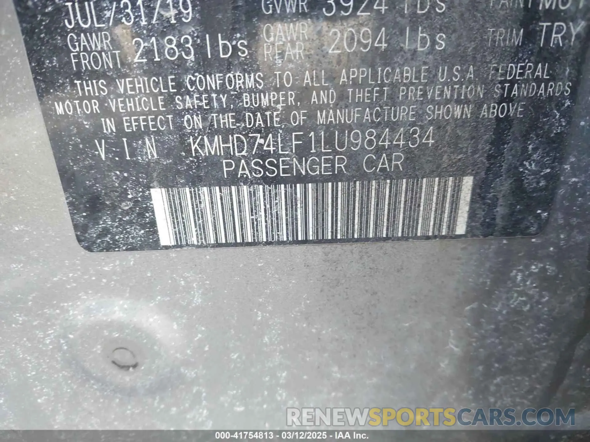 9 Photograph of a damaged car KMHD74LF1LU984434 HYUNDAI ELANTRA 2020