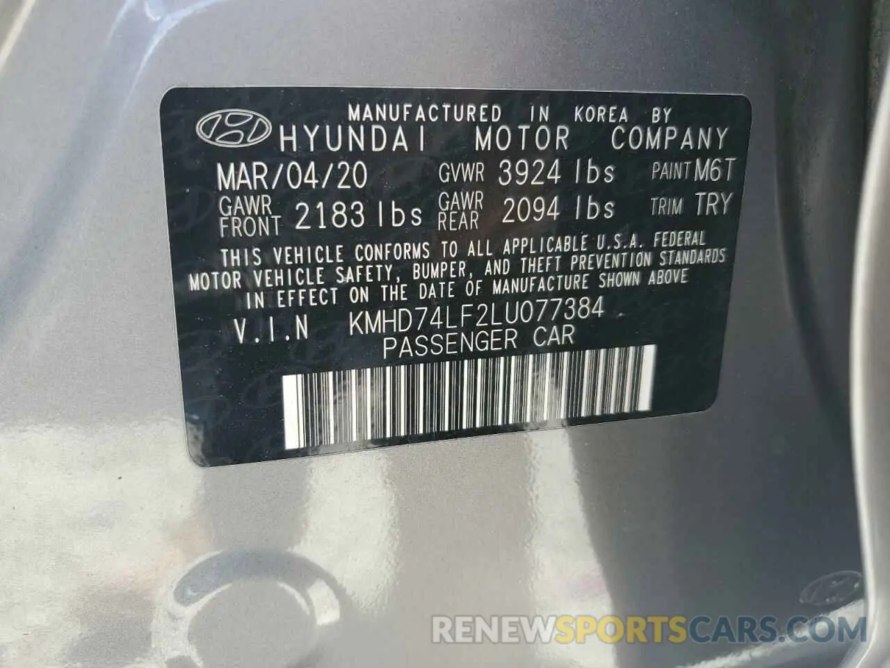 12 Photograph of a damaged car KMHD74LF2LU077384 HYUNDAI ELANTRA 2020