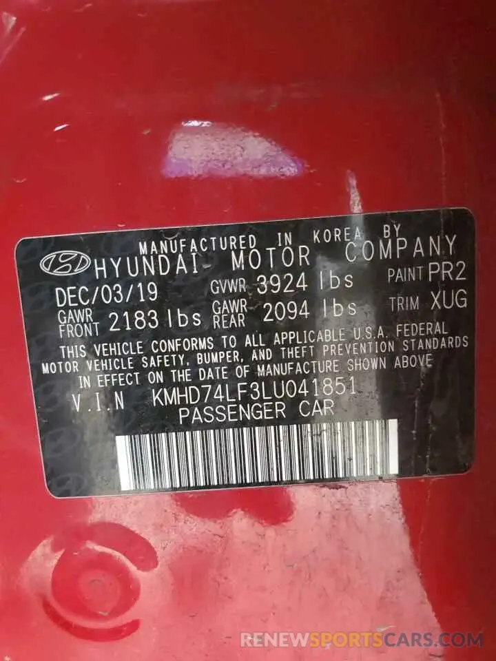 13 Photograph of a damaged car KMHD74LF3LU041851 HYUNDAI ELANTRA 2020