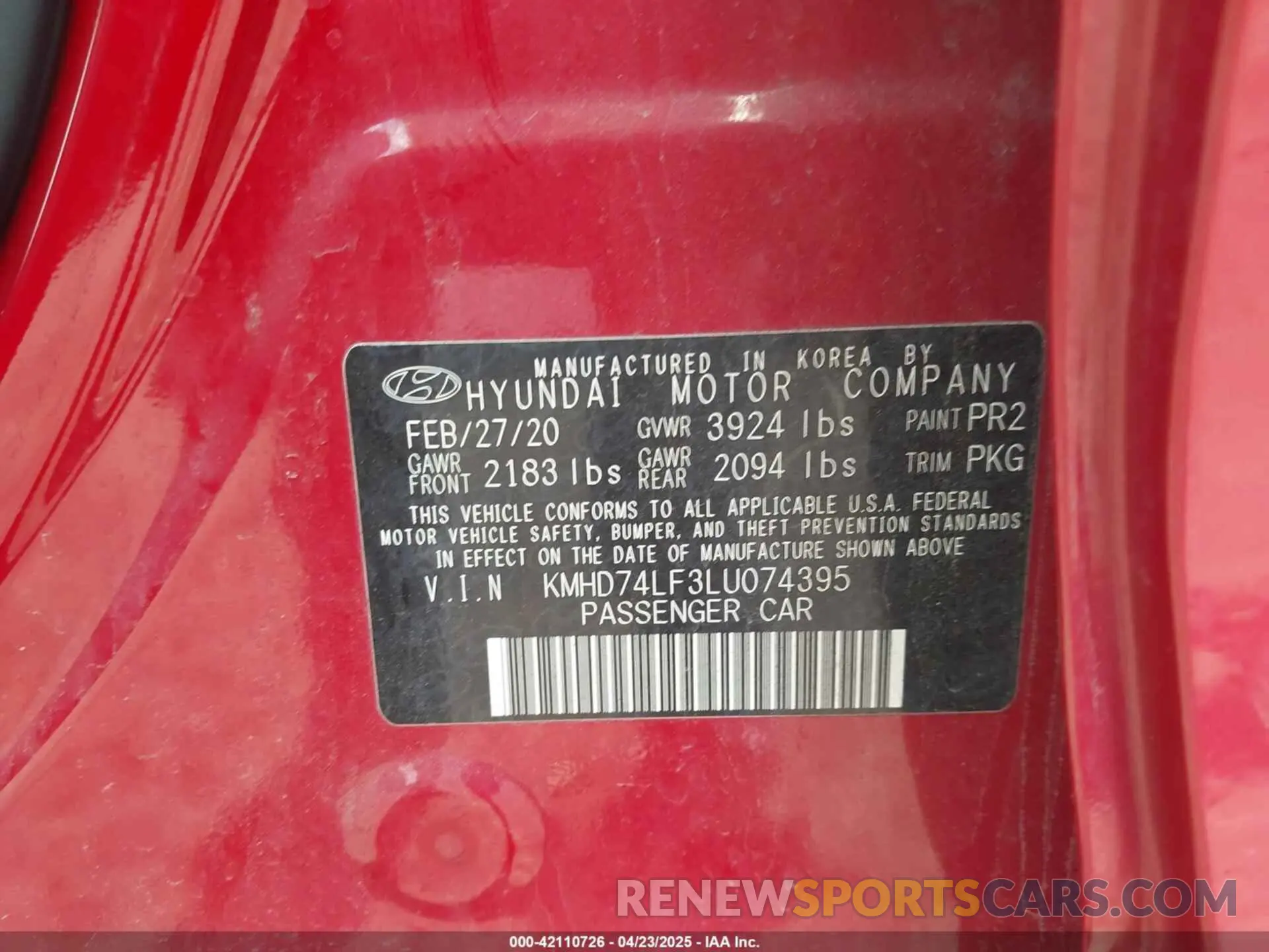 9 Photograph of a damaged car KMHD74LF3LU074395 HYUNDAI ELANTRA 2020