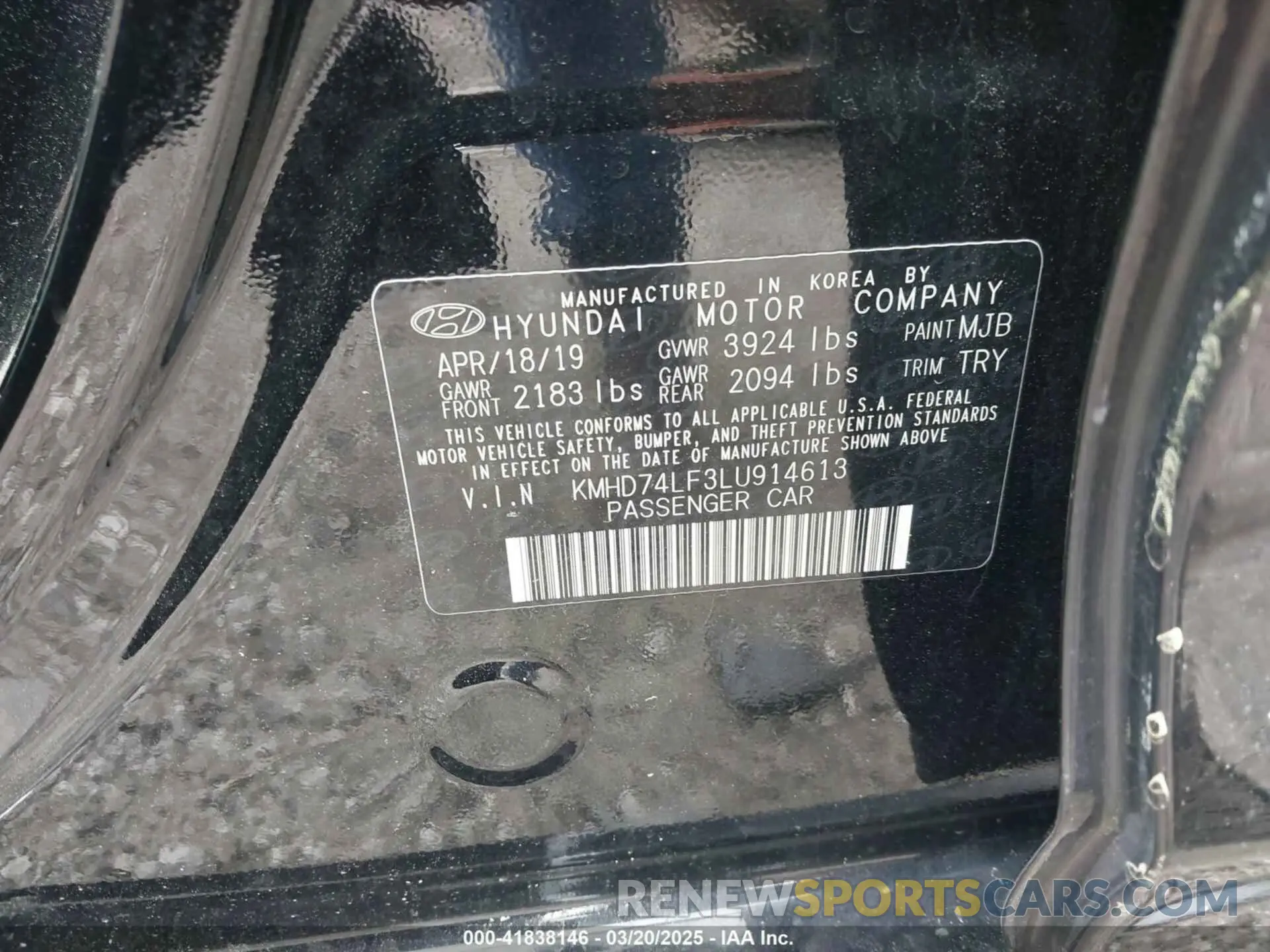 9 Photograph of a damaged car KMHD74LF3LU914613 HYUNDAI ELANTRA 2020