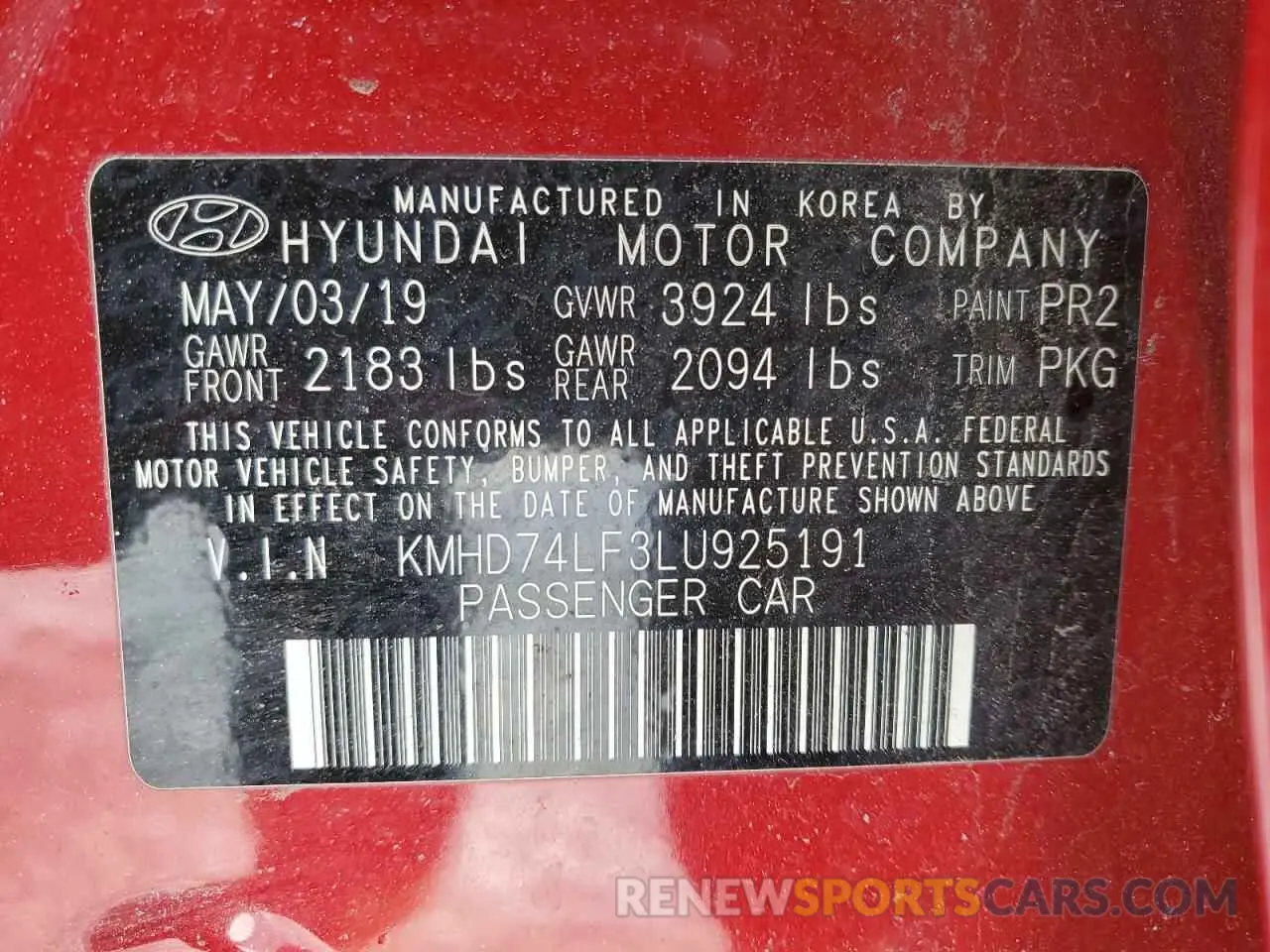15 Photograph of a damaged car KMHD74LF3LU925191 HYUNDAI ELANTRA 2020