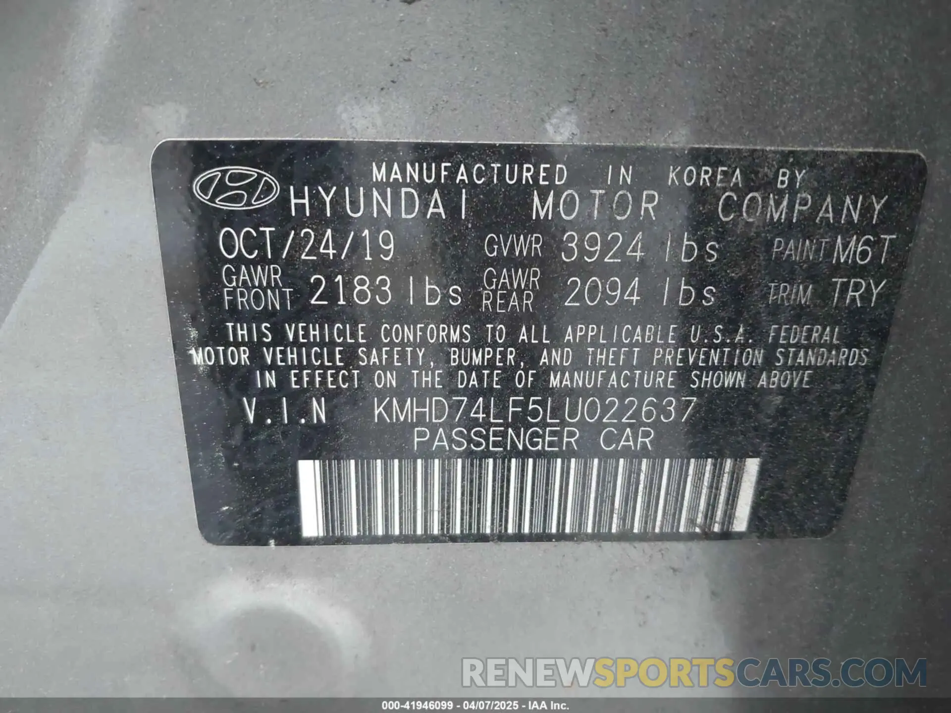 9 Photograph of a damaged car KMHD74LF5LU022637 HYUNDAI ELANTRA 2020