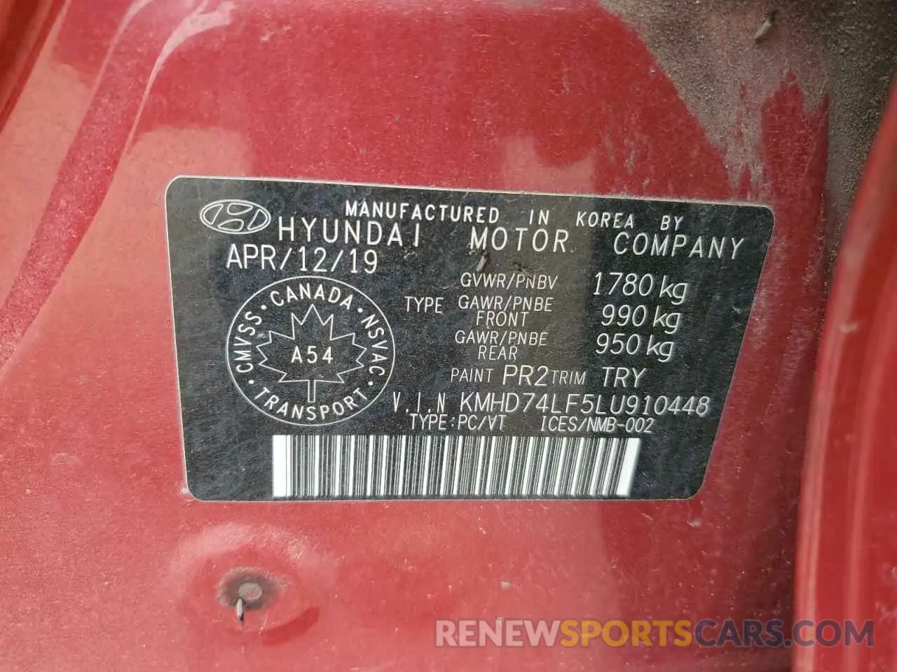 12 Photograph of a damaged car KMHD74LF5LU910448 HYUNDAI ELANTRA 2020